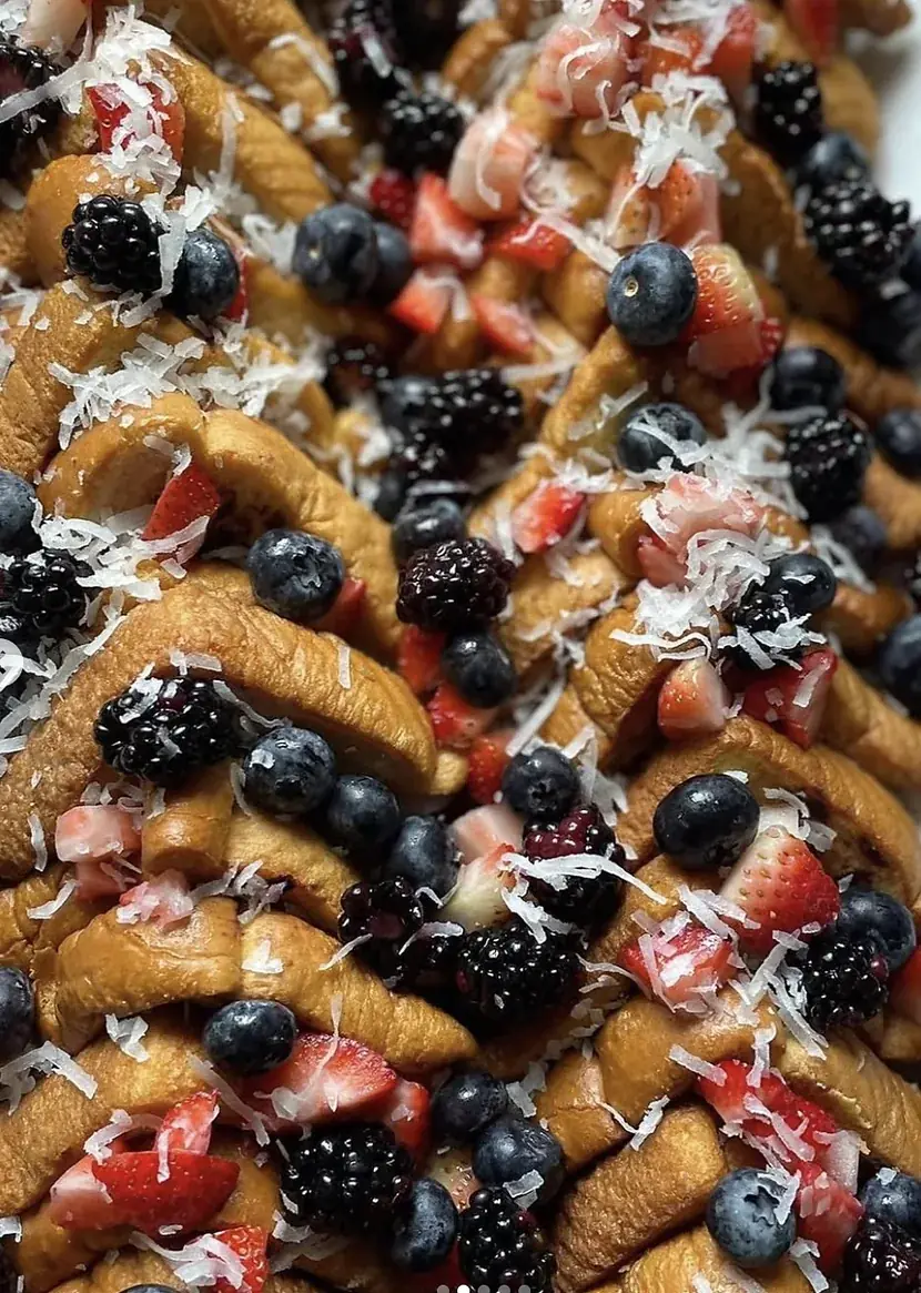 Postre de churros trenzados cubiertos de fresas, moras, arándanos y coco rallado